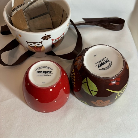 PIER 1 IMPORTS 3 Nestled Ceramic Bowls Owls Leafs Dots NEW WITH TAG - Picture 10 of 12